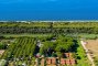 Paesaggio costiero con campi coltivati e mare sullo sfondo.