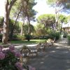 Giardino con sedie in vimini, alberi, e ortensie rosa.
