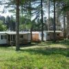 Case mobili in un campeggio tra alberi alti.